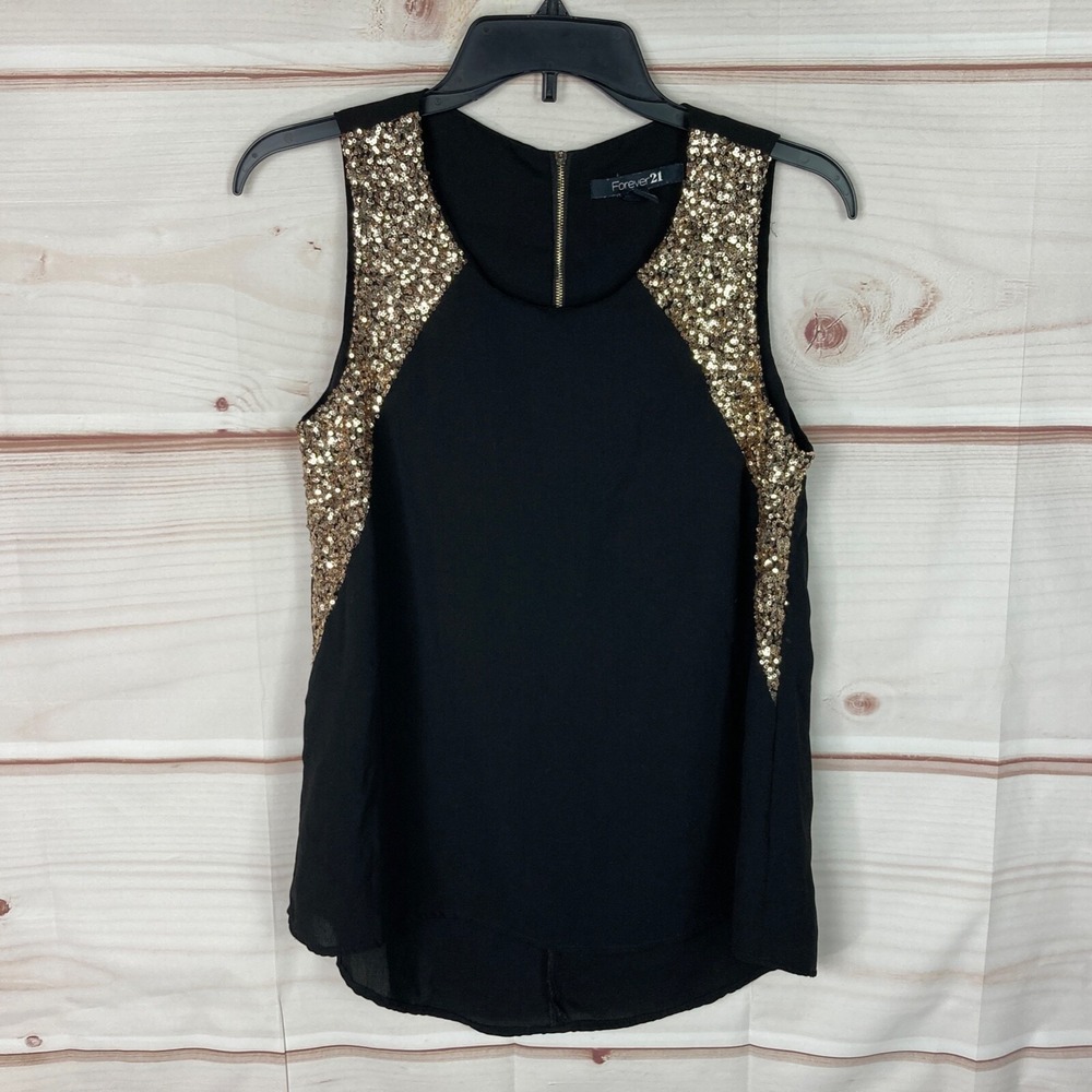 Forever 21 Top Womens Small Black Tank Gold Sequins Sleeveless Back Zipper Solid